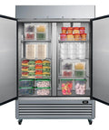 Top Shelf Heavy Hitter 49 Cu Ft Commercial Freezer And Fridge, stainless steel interior filled with food storage containers.