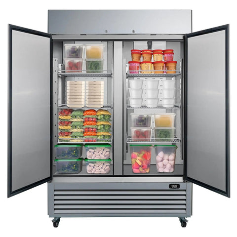 Top Shelf Heavy Hitter 49 Cu Ft Commercial Freezer And Fridge, stainless steel interior filled with food storage containers.