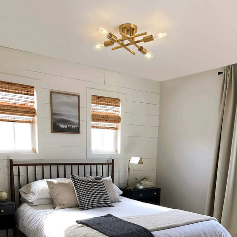 Modern Golden Metal Semi Flush Mount Ceiling Light Fixture Four Light Sputnik Style Chandelier in bedroom