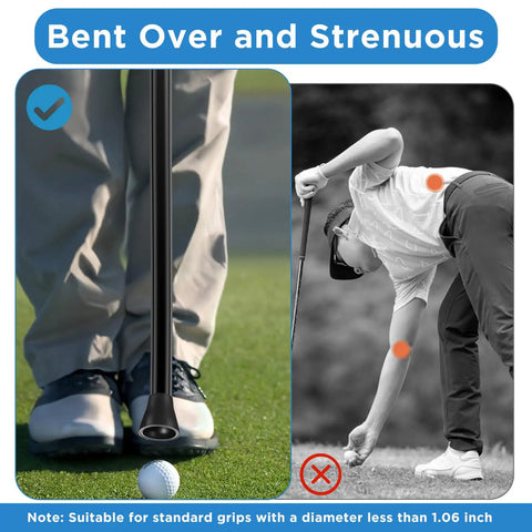 Golf player demonstrating use of 4 Pack Golf Ball Grabber Kit With Suction Cup Retriever to avoid bending over for ball retrieval.