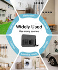 4 Pack No Drill Self Adhesive Broom Mop Holder Wall Mount with Hooks shown in various settings like kitchen and garage.