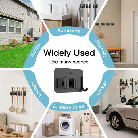 4 Pack No Drill Self Adhesive Broom Mop Holder Wall Mount with Hooks shown in various settings like kitchen and garage.