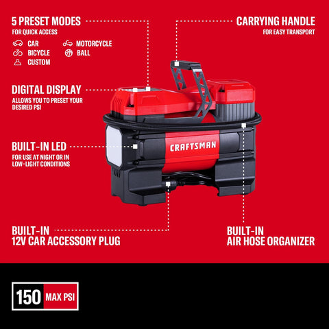 12V Tire Inflator Portable Air Compressor With Digital Gauge Auto Shut Off LED Light 150 PSI features and components