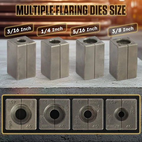 Professional brake line flaring tool kit with four steel dies for 3/16, 1/4, 5/16, and 3/8 in tubing