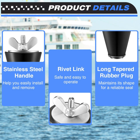 2 Pack Rubber Boat Drain Plugs For 1/2 To 1 Inch Holes with stainless steel handle and long tapered rubber plug, product details