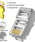 Close-up of 50-Pack Cat6 Shielded Pass Through RJ45 Connectors With Strain Relief Boots showing gold-plated contacts and layers.