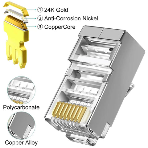 Close-up of 50-Pack Cat6 Shielded Pass Through RJ45 Connectors With Strain Relief Boots showing gold-plated contacts and layers.