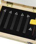 Open wood case showing Three Eighths Inch Indexable Carbide Turning Inserts Holder Set for Machining Lathes, Five Piece Lathe Tool Kit with Carbide Inserts TCMT110204.