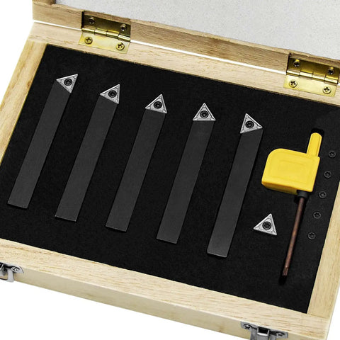 Open wood case showing Three Eighths Inch Indexable Carbide Turning Inserts Holder Set for Machining Lathes, Five Piece Lathe Tool Kit with Carbide Inserts TCMT110204.
