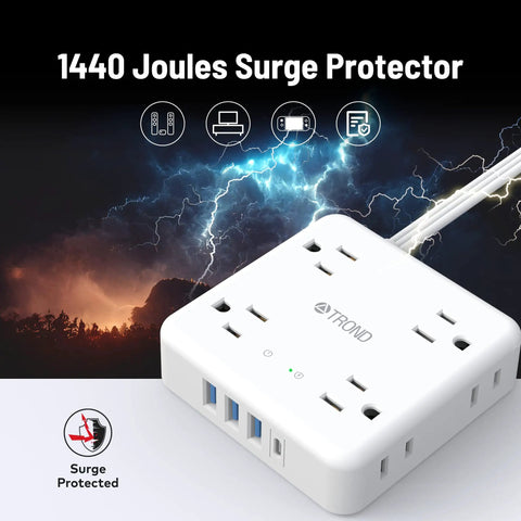 Ultra Thin Flat Plug Surge Protector Power Strip With 10ft Cord Eight Outlets Three USB A Ports And One USB C Quick Charge