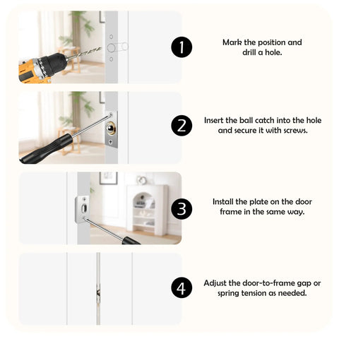 Installation steps for Two Pack Adjustable Ball Door Catches for Internal and Closet Doors, Near Silent Close Latch Hardware.