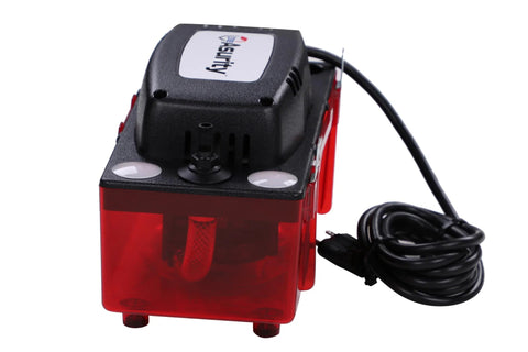 Front view of DiversiTech ULTRACP-22 automatic condensate pump with red translucent reservoir and black top.