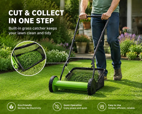 12 Inch Manual Reel Lawn Mower With 5 Blade Cutting System And Grass Catcher Bag, No Gas Or Electricity Needed, Lightweight Hand Push Grass Cutter For Small Yards And Gardens, Adjustable Height For Neat Eco Friendly Lawn Care, with grass bag