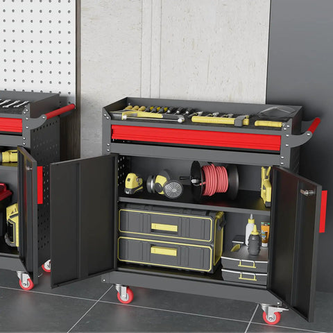 Beefy Metal Garage Storage Cabinet On Wheels With Lockable Doors And Adjustable Shelves, Pegboard, And Heavy Duty Tool Locker For Garage Or Warehouse, open