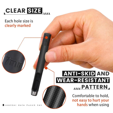 Hand holding a 7mm punch from Pro Grade 12 Piece Round Leather Hole Punch Set with Hardened Carbon Steel Cutting Edge for precision.