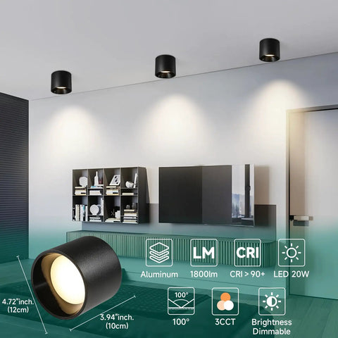 Room interior with Dimmable Flush Mount LED Ceiling Light, 20W, 3 Color Temperatures, ultra slim, black, installed on ceiling.