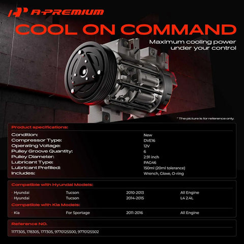 Heavy Duty AC Compressor With Clutch For Hyundai Tucson And Kia Sportage Oil Prefilled Six Groove Pulley close-up with specifications.