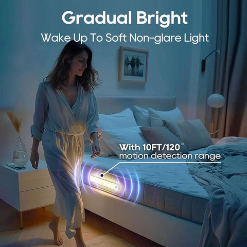 Wireless Under Cabinet Lighting Kit With Motion Sensor And Three Color Temperatures illuminating a bedroom with soft light.