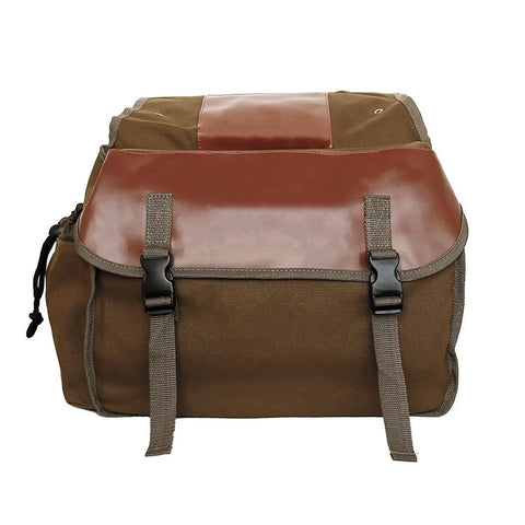 Khaki bike bag with tear-resistant double panniers for luggage and gear, waterproof design, front view, for long-distance rides.