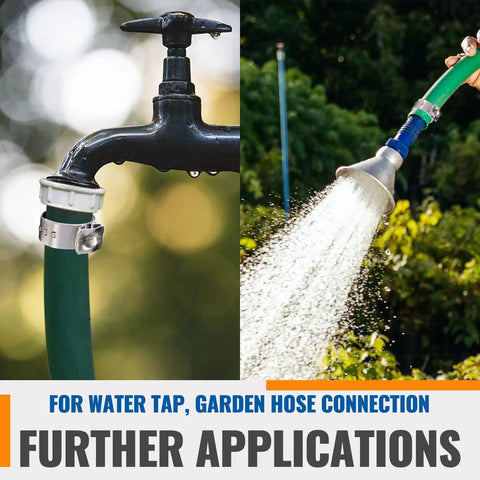 Garden hose with 30 Pack 3/4 Inch Pex Crimp Rings Stainless Steel Cinch Clamps For Tubing And Pipes connected to water tap