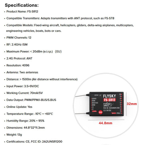 Flysky FS-SR12 Receiver 2.4GHz 12CH ANT Protocol with dual antennas, size 44.8x32mm, product specifications and features listed.