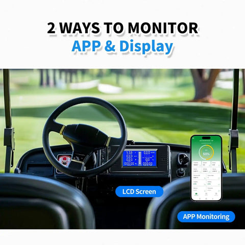 Golf cart dashboard with LCD and phone app displaying 48V 100Ah LiFePO4 Golf Cart Battery Kit With 18A Smart Charger And LCD Monitor 200A BMS 10KW Output 1000A Peak IP65 Waterproof Beefed Up Power For Golf Carts And RV Solar status