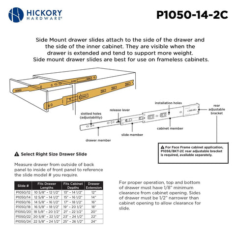 Diagram of Beefy Heavy Duty Steel Drawer Slide Three Section Full Extension Self Close Side Mount Ball Bearing Cadmium Finish 100 Lb Capacity 1 Pair.