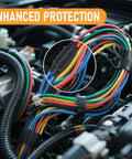 Close-up of colorful wires with Five Piece Four Hole 6 AWG 80A Brass Wire Splice Connectors Kit in automotive engine setup.