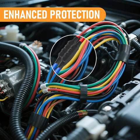 Close-up of colorful wires with Five Piece Four Hole 6 AWG 80A Brass Wire Splice Connectors Kit in automotive engine setup.