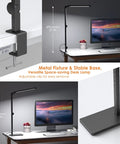Lit LED Desk Lamp With Clamp And Remote Control, flexible swing arm, solid base, desk setup, dimensions shown, home office