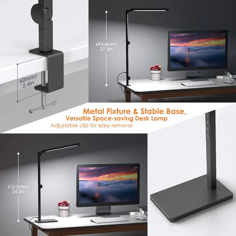 Lit LED Desk Lamp With Clamp And Remote Control, flexible swing arm, solid base, desk setup, dimensions shown, home office