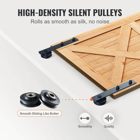 Close-up of 8 Ft Double Door Sliding Barn Door Hardware Kit with Quiet I Shaped Rollers and Heavy Duty Steel Tracks