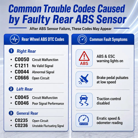 Common Trouble Codes Caused by Faulty Rear ABS Sensor for Kia Soul ABS, error indicators, and symptoms display.