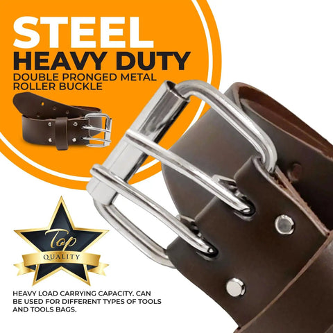 Close-up of Heavy Duty Leather Tool Belt for Carpenters and Electricians, steel double prong buckle detail shown.