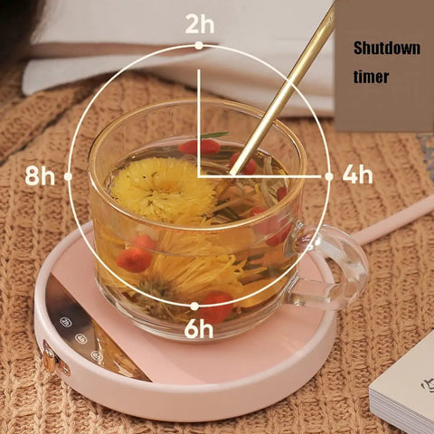 Smart Electric Coffee Mug Warmer Triple Temperature Settings Digital Display with flower tea and shutdown timer on a pink base.