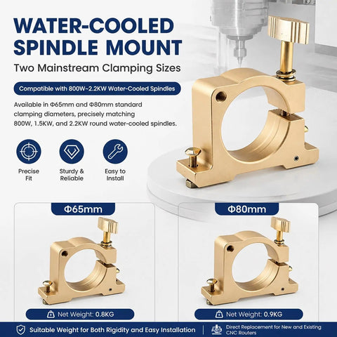Heavy Duty CNC Spindle Clamp Bracket Aluminum Quick Release Water Cooled Mount for 65mm and 80mm inner bore router motors.
