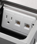 No Sweat Pop Up Floor Outlet Kit, Low Profile Concealed Receptacle showing three-prong outlet and dual network jacks in stainless steel frame.