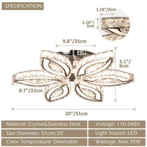 20 Inch Dimmable Modern Crystal Chandelier With LED Flower Design, K9 Crystal Pendant Ceiling Light specifications diagram