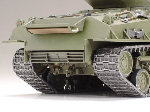 Rear view of One Forty Eight Scale US Medium Tank M4A3E8 Sherman Plastic Model Kit with T66 Tracks and welded hull panels.