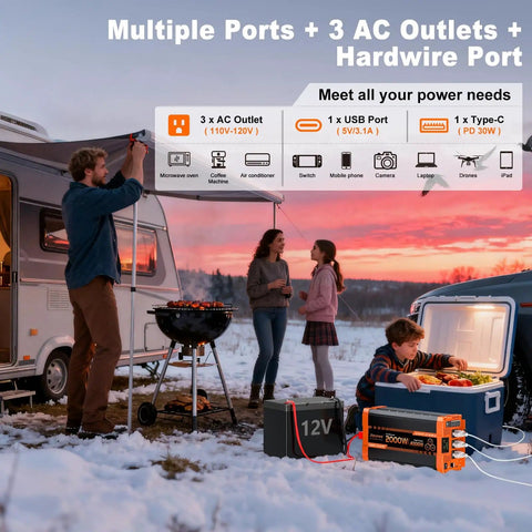 Family camping with a 2000W Beast Pure Sine Wave Inverter 12V DC to 110V 120V AC Power Converter by an RV, using multiple devices.