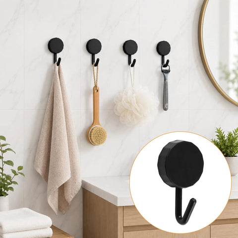 Black Self Adhesive Hooks 20 Pack Tough As Nails Sticky Wall Hangers With Super Grip showing hooks holding towels and bath loofah.