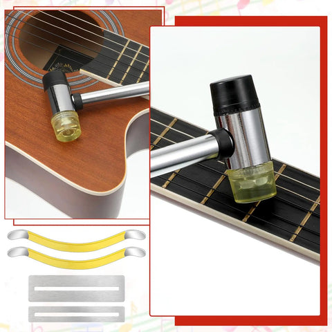 Seventeen Piece Guitar Luthier Tool Kit with rubber hammer on guitar neck, showing fret crowning and fingerboard guards.