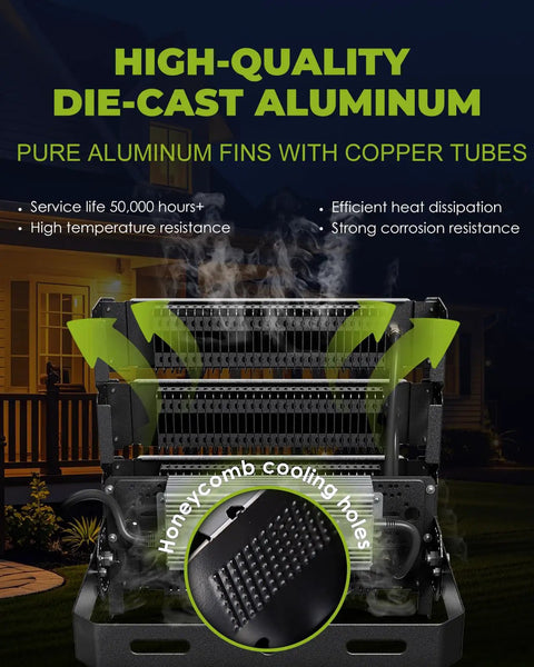 Close-up of Zero Maintenance Industrial LED Stadium Light 200W with aluminum fins and copper tubes for efficient cooling.