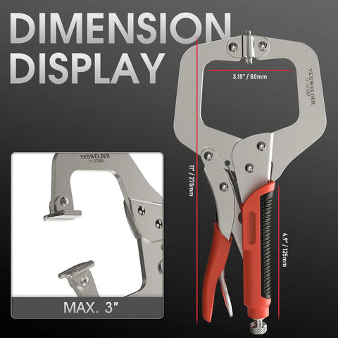 Heavy Duty 11 Inch C Clamp Set 3 Pack with Locking Jaws Heat Treated Chrome Plated Alloy Steel dimension display
