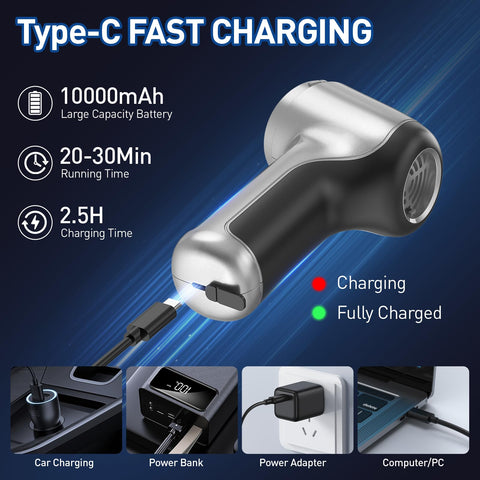 Cordless Car Vacuum With 20000Pa High Power Suction, Brushless Motor, charging via USB Type-C for quick recharge.