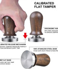 No Sweat Calibrated Espresso Tamper Featuring Spring Loaded Comfort Grip And Prime 304 Stainless Flat Base for perfect coffee packing.
