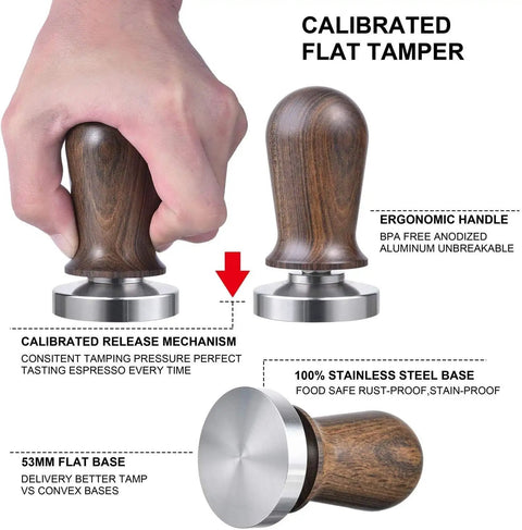 No Sweat Calibrated Espresso Tamper Featuring Spring Loaded Comfort Grip And Prime 304 Stainless Flat Base for perfect coffee packing.