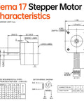 Technical drawing of a NEMA 17 stepper motor; front and side views with shaft, mounting holes, and 4-wire cable
