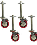 Tough As Nails Heavy Duty 6 Inch Adjustable Leveling Screw Jack Caster Wheels 360 Degree Swivel Double Lock Brakes Smooth Rolling Solid Industrial Base For Scaffolding Job Sites Moving Big Loads 4 Pack, showing four casters with red wheels and metal components.