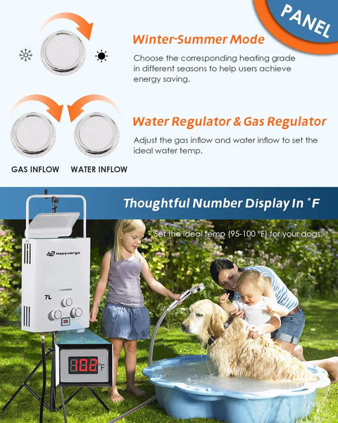 Portable Propane Gas Water Heater 7L Tankless Instant Hot Water Heater On The Go With Digital Display For Shower RV Camping Cabin Boat Barn 1.85 GPM Low Water Startup Fast Heating with digital display and winter-summer mode, shown with family using it outdoors to bathe a dog.